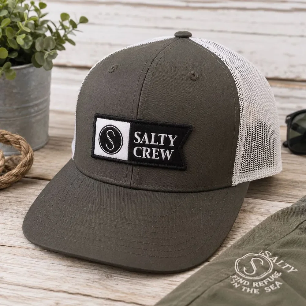 Salty Crew Pinnacle Retro Trucker Hat Army Green Mesh Snapback Adjustable Logo